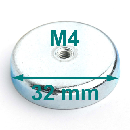Magnes w obudowie — średnica ⌀32 mm, wys. 7 mm, gwint wewnętrzny M4 — ferrytowy