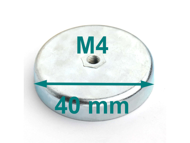Magnes w obudowie — średnica ⌀40 mm, wys. 8 mm, gwint wewnętrzny M4 — ferrytowy Magnes w obudowie — średnica ⌀40 mm, wys. 8 mm, gwint wewnętrzny M4 — ferrytowy