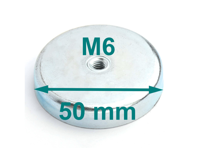 Magnes w obudowie — średnica ⌀50 mm, wys. 10 mm, gwint wewnętrzny M6 — ferrytowy Magnes w obudowie — średnica ⌀50 mm, wys. 10 mm, gwint wewnętrzny M6 — ferrytowy