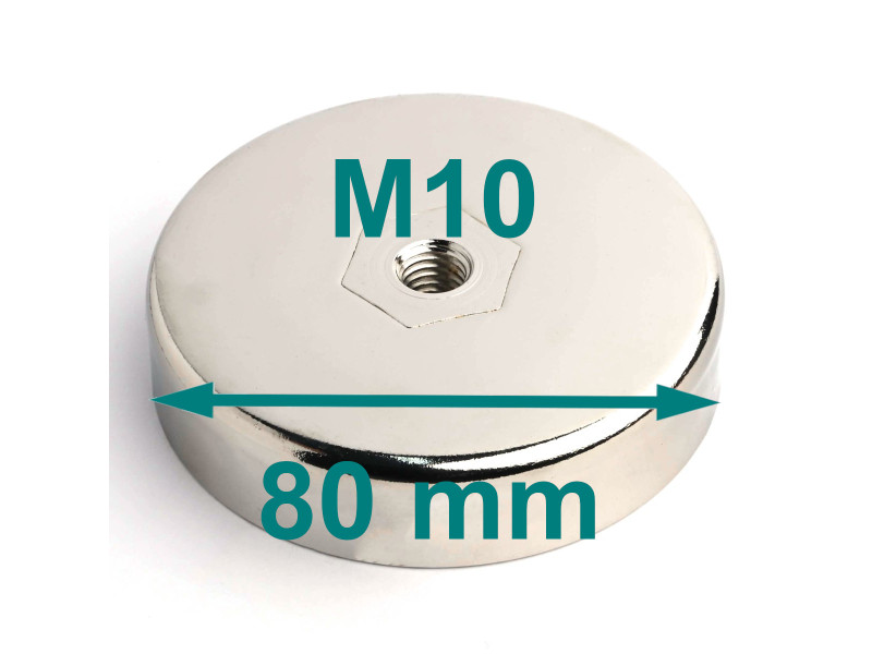 Magnes w obudowie — średnica ⌀80 mm, wys. 18 mm, gwint wewnętrzny M10 — ferrytowy Magnes w obudowie — średnica ⌀80 mm, wys. 18 mm, gwint wewnętrzny M10 — ferrytowy