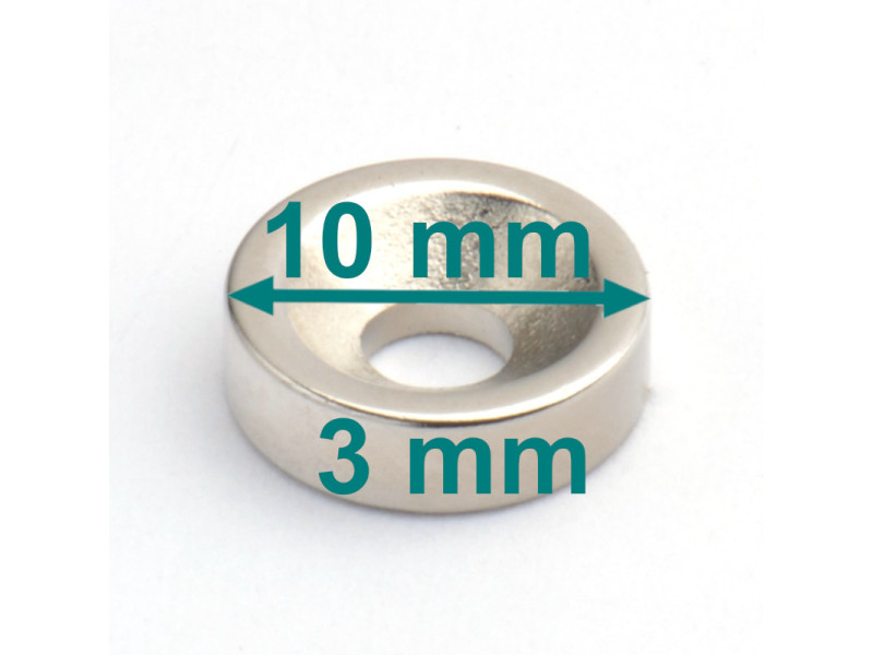 Magnes okrągły, pod wkręt — ⌀10 mm, ⌀7/⌀3,5 mm, wysokość 3 mm — neodymowy Magnes okrągły, pod wkręt — ⌀10 mm, ⌀7/⌀3,5 mm, wysokość 3 mm — neodymowy