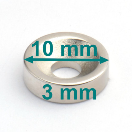 Magnes — średnica ⌀10 mm, otwór ⌀7/⌀3,5 mm, wysokość 3 mm — neodymowy (N35)