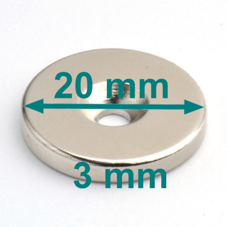 Magnes okrągły, pod wkręt — średnica ⌀20 mm, ⌀7/⌀3,5 mm, wys. 3 mm — neodymowy (N38)