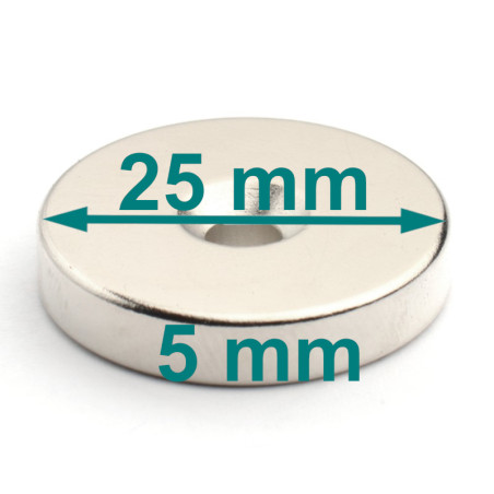 Magnes okrągły, pod wkręt — średnica ⌀25 mm, ⌀7,5/⌀4,5 mm, wys. 5 mm — neodymowy (N38)