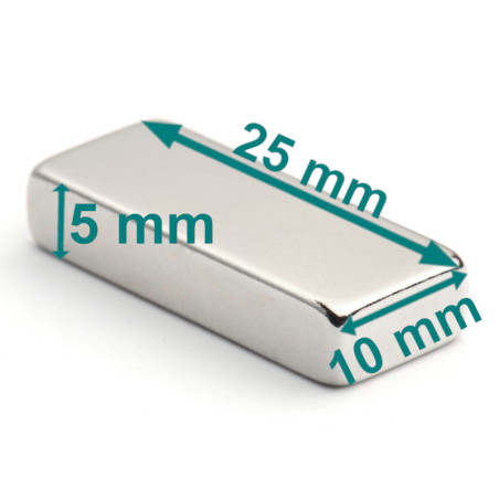 Magnes — długość 25 mm, szerokość 10 mm, wysokość 5 mm — neodymowy (N38)