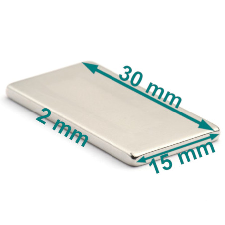 Magnes — długość 30 mm, szerokość 15 mm, wysokość 2 mm — neodymowy (N38)