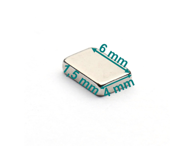Magnes neodymowy — długość 6 mm, szerokość 4 mm, wysokość 1,5 mm — materiał N38