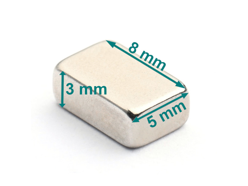 Magnes neodym — dł. 8 mm, szer. 5 mm, wys. 3 mm — N38 Magnes neodym — dł. 8 mm, szer. 5 mm, wys. 3 mm — N38