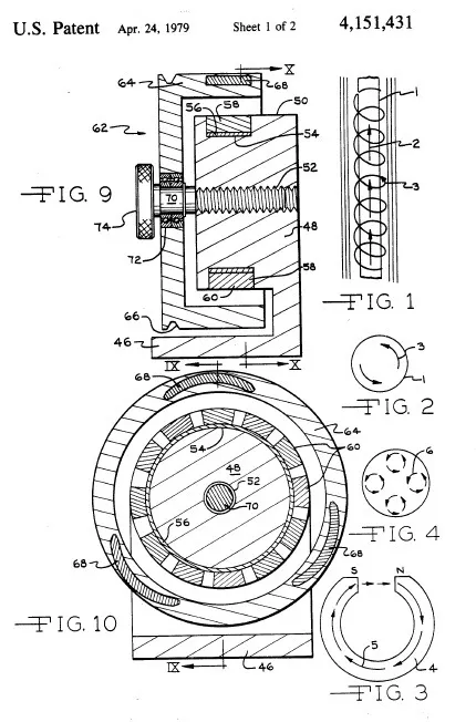 Rysunek patentowy silnika z magnesem stałym (patent US 4 151 431, Howard Johnson, 1979 r.), arkusz 1 z 2 – sześć widoków technicznych (FIG. 1, 2, 3, 4, 9, 10) przedstawiających przekroje cylindrycznego wirnika i stojana z oznaczonymi biegunami N i S.
