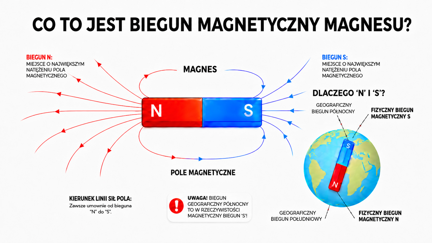 Wszystkie magnesy stałe przyciąga z taką samą siłą od strony bieguna N i S; Indukcja magnetyczna na powierzchni bieguna N i S jest taka sama i udźwig także jest taki sam