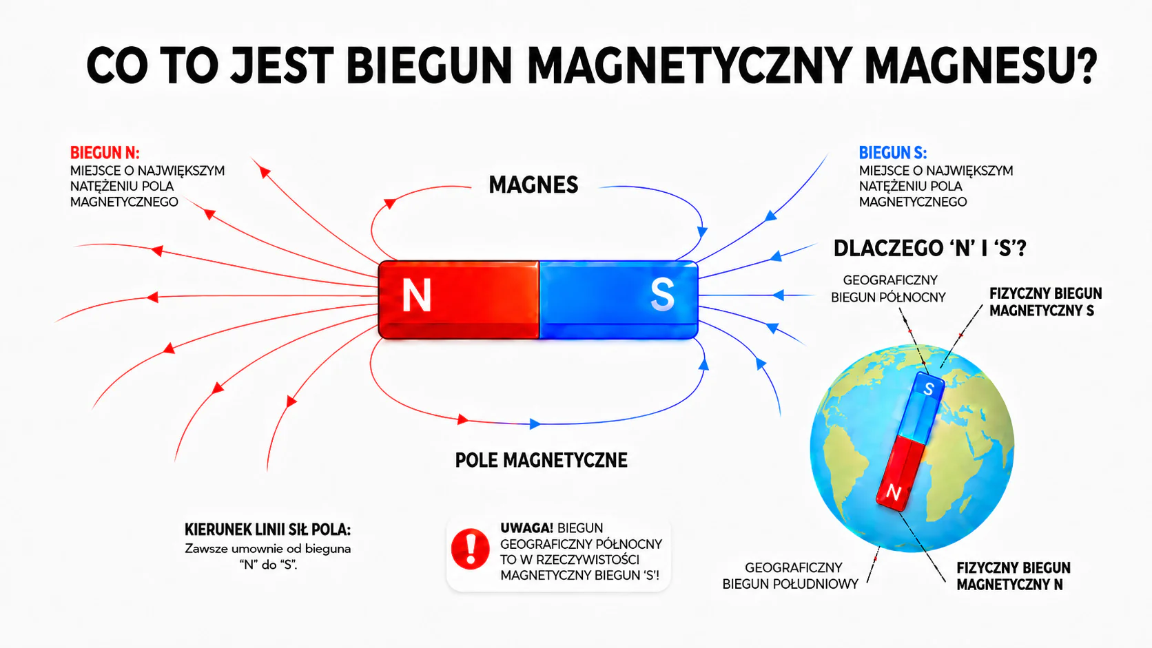 Wszystkie magnesy stałe przyciąga z taką samą siłą od strony bieguna N i S; Indukcja magnetyczna na powierzchni bieguna N i S jest taka sama i udźwig także jest taki sam