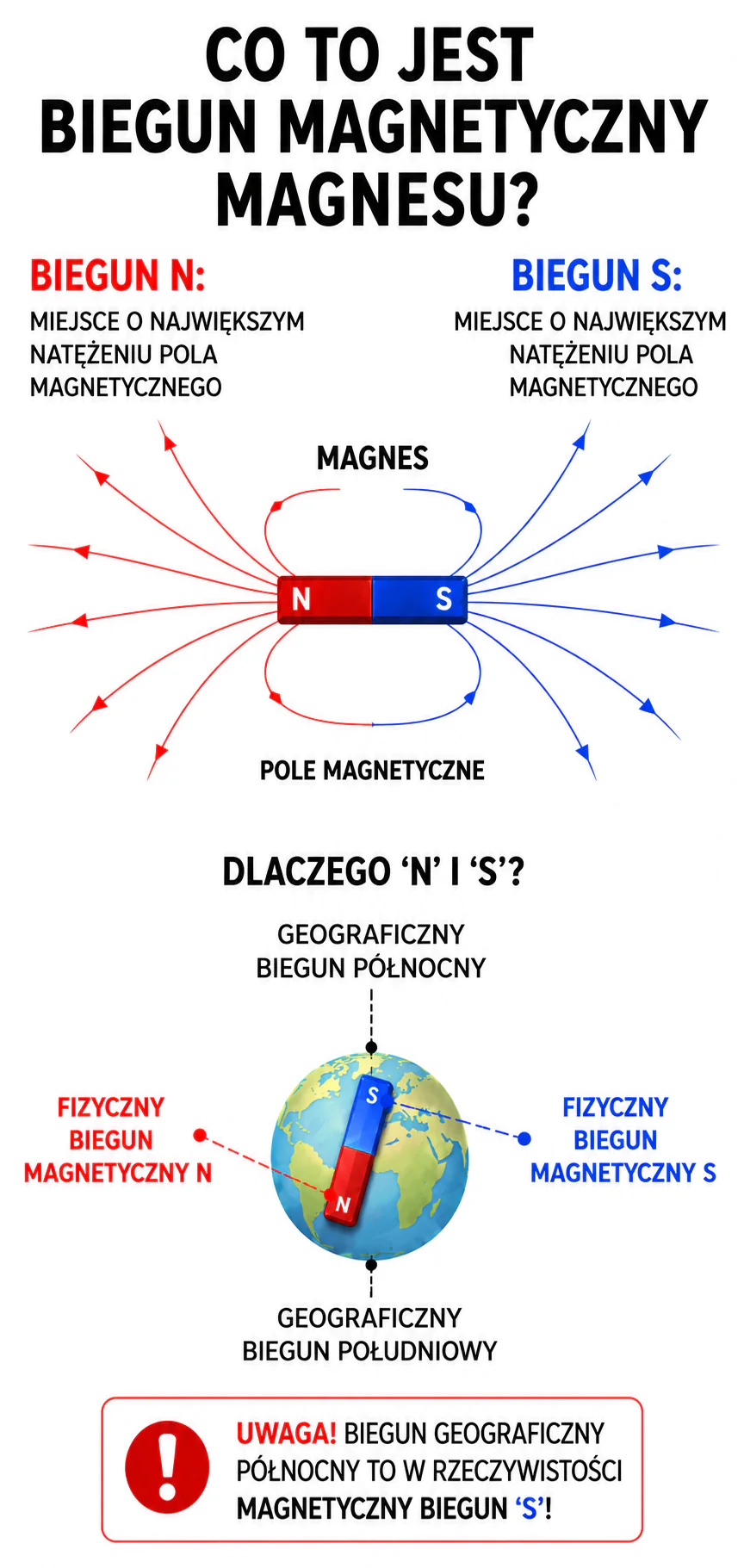 Infografika wyjaśniająca pozycję biegunów magnetycznych magnesu: czerwony biegun N i niebieski biegun S, linie pola magnetycznego biegnące od N do S oraz schemat Ziemi jako magnes z opisem biegunów geograficznych i magnetycznych.
